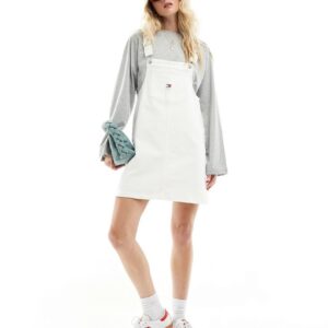 Tommy Jeans denim pinafore dress in mid wash-White