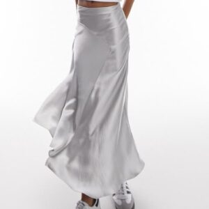 Topshop Fishtail Satin Midi Skirt in Silver at Nordstrom, Size 10 Us