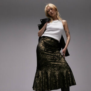 Topshop Petite crushed velvet fishtail maxi skirt in metallic gold