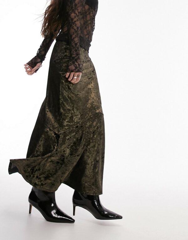 Topshop crushed velvet fishtail maxi skirt in gold