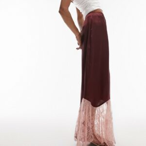 Topshop satin lace mix fishtail maxi skirt in oxblood and pink-Multi