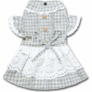 Touchdog 'I Love Poochi' Grey Plaid Dog Dress - Extra Small - Nylon - Retro Designer Kitchen Smock Dress - Ruffled Details - Adjustable Bow in Gray