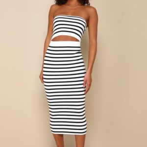 Trend-Worthy White Striped Ribbed Cutout Strapless Midi Dress