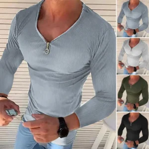 Trendy Men T-shirt Comfy Pullover Top V Neck Slim Fit Zipper T-shirt Top Dressing