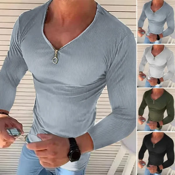 Trendy Men T-shirt Comfy Pullover Top V Neck Slim Fit Zipper T-shirt Top Dressing