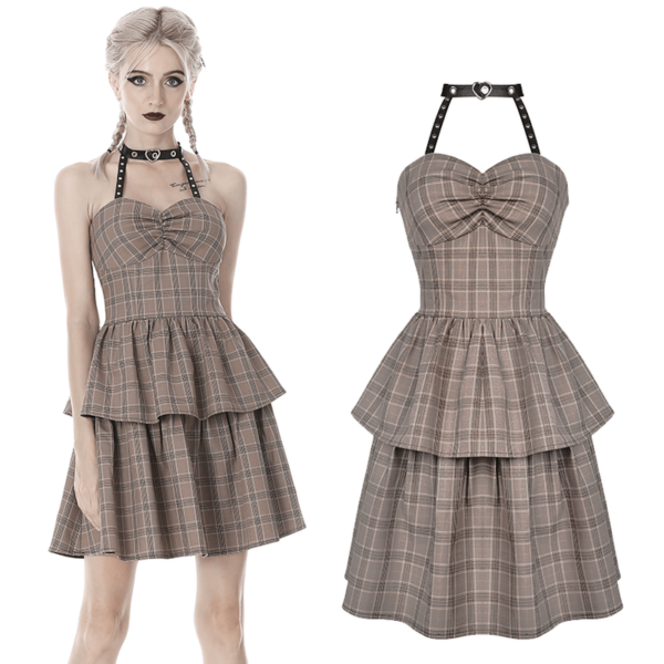 Trendy Plaid Halter Dress with Peplum Detail and Leather Straps