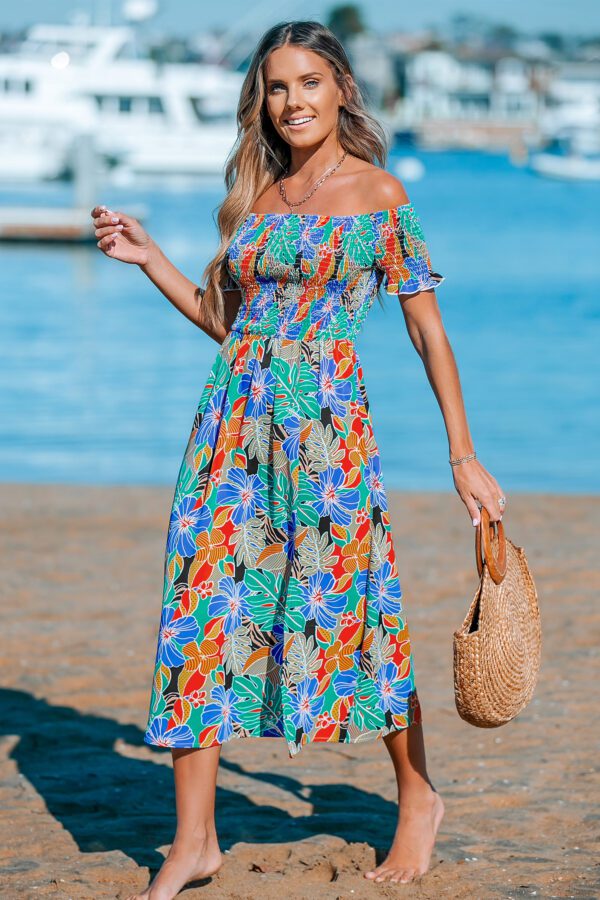 Tropical Bloom Off-Shoulder Smocked Maxi Dress