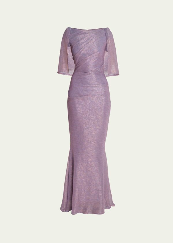 Trumpet Voile Cape-Sleeve Evening Dress