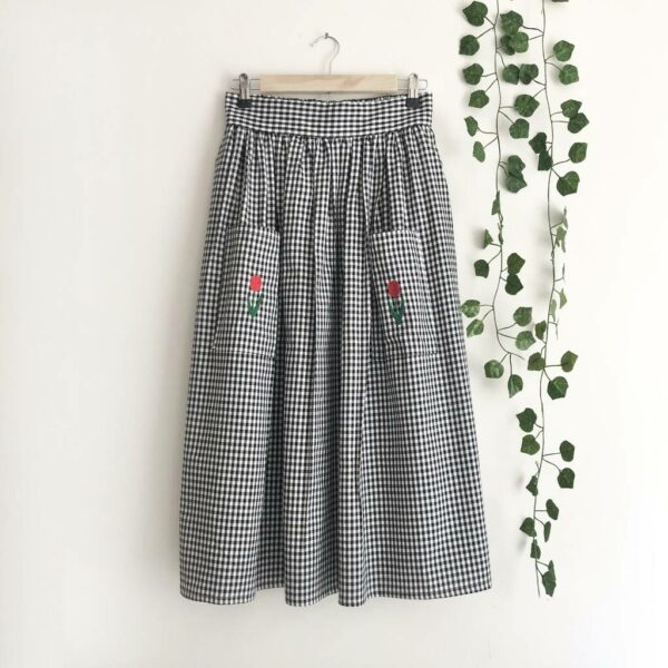 Tulip Embroidered Gingham Cotton Midi Skirt