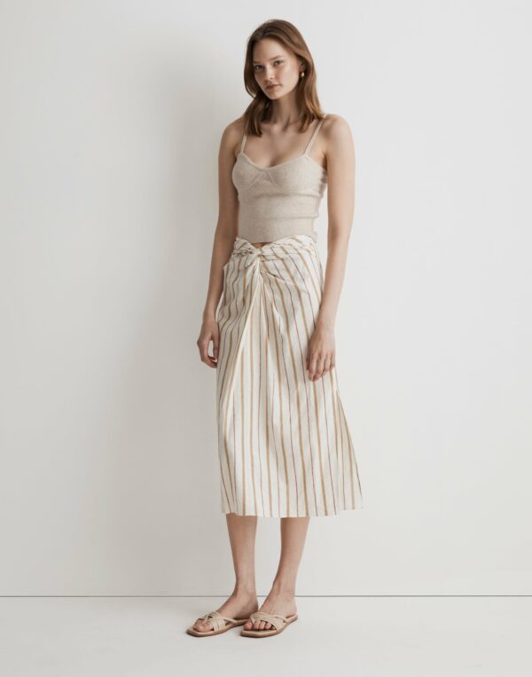 Twist-Front Sarong Midi Skirt in Stripe