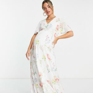 Twisted Wunder Maternity flutter sleeve maxi tea dress in botanical floral-White