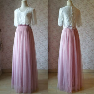 Two Piece Bridesmaid Dress Long Tulle Skirt Sleeve Crop Lace Top Wedding Outfit