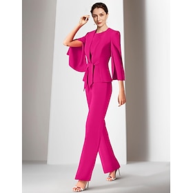 Two Piece Jumpsuits Mother of the Bride Dress Wedding Guest Elegant Wrap Included Jewel Neck Ankle Length Stretch Chiffon 3/4 Length Sleeve with Bandage 2024