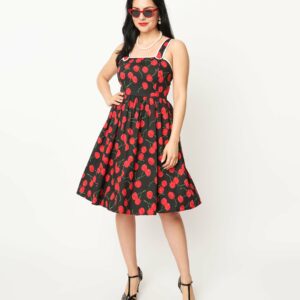 Unique Vintage 1950S Black & Cherry Print Cotton Pinafore Swing Dress