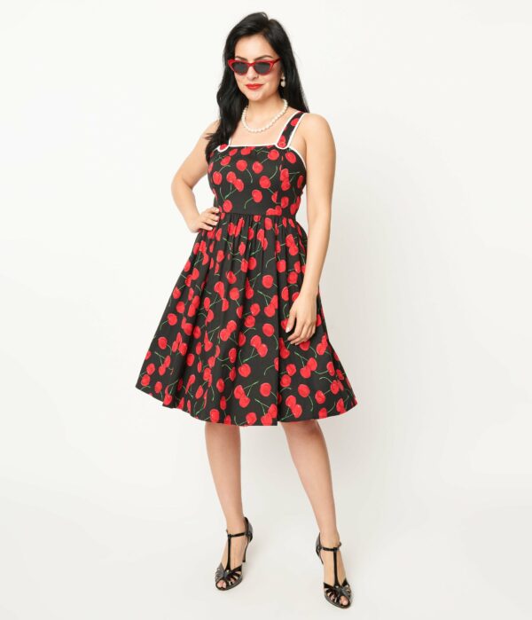 Unique Vintage 1950S Black & Cherry Print Cotton Pinafore Swing Dress