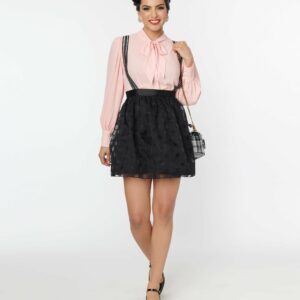 Unique Vintage Black Polka Dot Tulle Suspender Mini Skirt