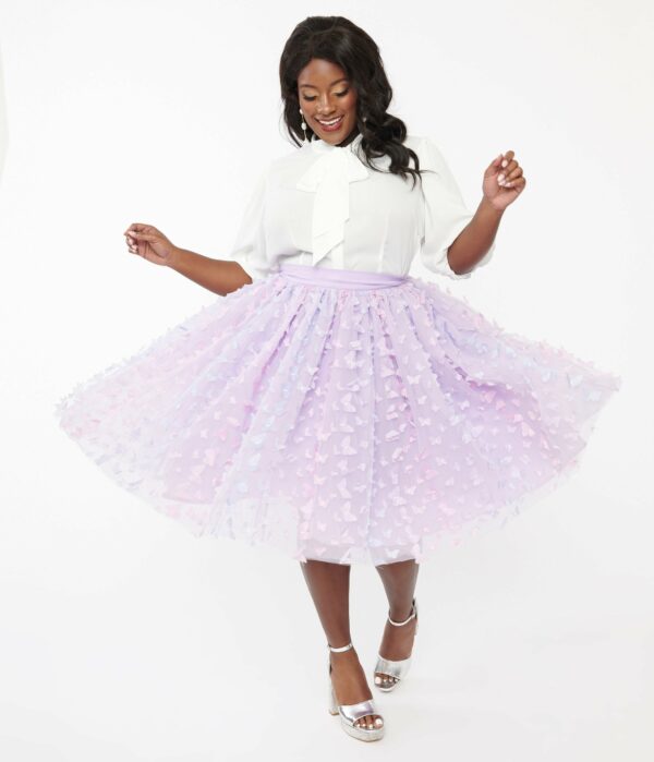 Unique Vintage Plus Size 1950S Lavender & Blue Butterfly Tulle Sweetie Pie Flare Skirt