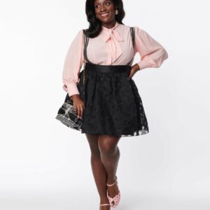 Unique Vintage Plus Size Black Polka Dot Tulle Suspender Mini Skirt