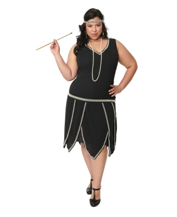 Unique Vintage Plus Size Pearl Beaded Sleeveless Petal Flapper Dress - Black