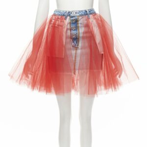 Unravel Project Ben Taverniti Red Tulle Tut Inside Out Washed Denim Skirt 24", Women's (Size 27)