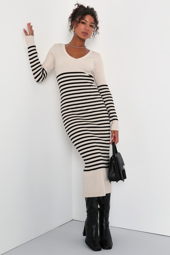 Upgraded Comfort Cream and Black Striped Midi Sweater Dress