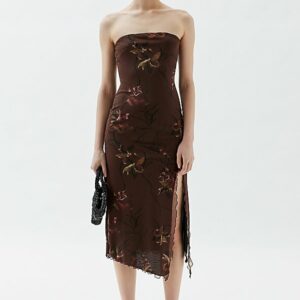 Urban Outfitters UO Samara Mesh Strapless Slit Midi Dress in Brown, Women's at Urban Outfitters