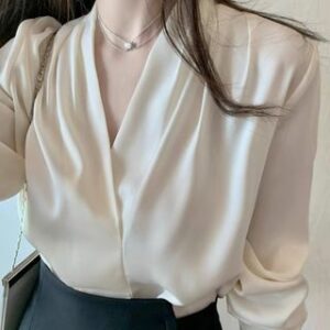 V-Neck Plain Blouse / High Waist Asymmetrical Pencil Skirt / Set