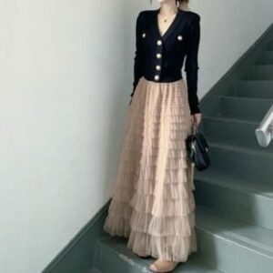 V-Neck Plain Cardigan / Balletcore Elastic Waist Tiered Maxi A-Line Tulle Skirt