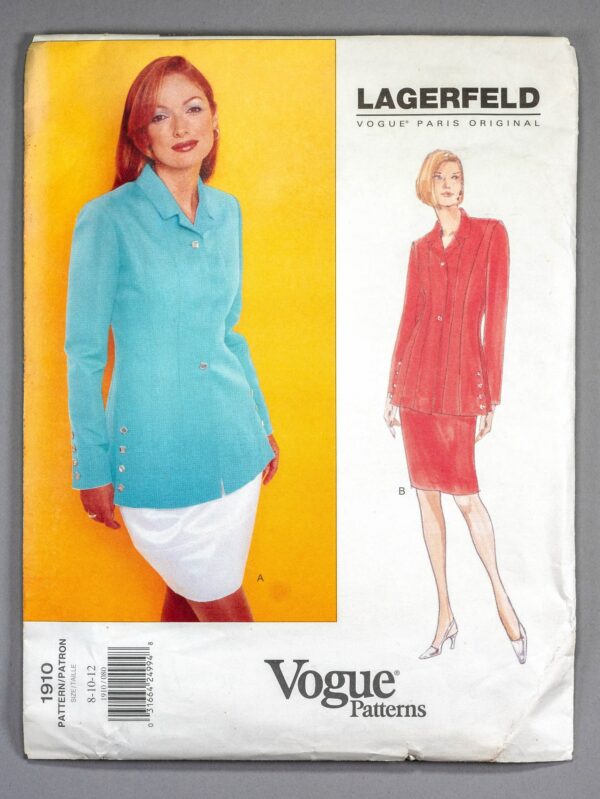 V1910 | Szs 8-12 Karl Lagerfeld Vogue Paris Original 1910 90S Misses Suit Sewing Pattern Seam Fitted Long Jacket, Bubble & Pencil Skirts