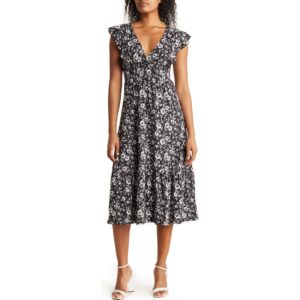 Velvet Torch Smock Waist Ruffle Sleeve Midi Dress in Black Ditsy at Nordstrom Rack, Size X-Large Regular