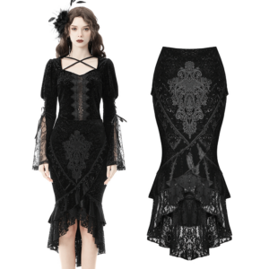 Victorian Velvet Fishtail Skirt with Lace Overlay for Women