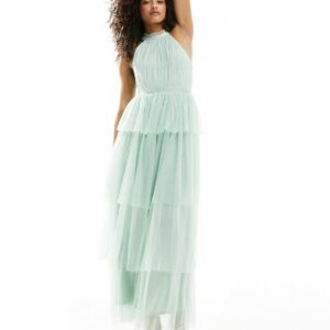 Vila Bridesmaid halterneck tulle maxi dress with tiered skirt in mint green