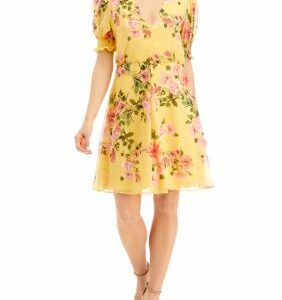 Vince Camuto Women's Chiffon Puff Smock Sleeve Dress, Yellow, 4