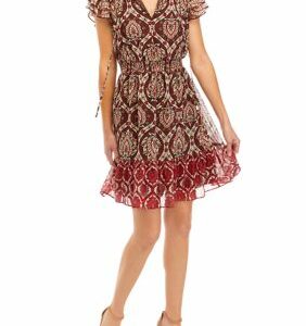 Vince Camuto Women's Ruffle Sleeve Tie Neck Smock Waist Printed Fit and Flare Dress, Brown, 8