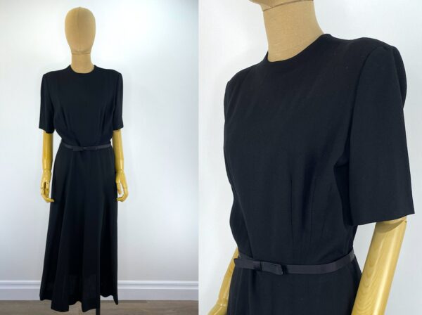 Vintage 1940S Black Wool Crepe Handmade Tea Length Cocktail Dress. Simple & Elegant. Seven Panel Skirt