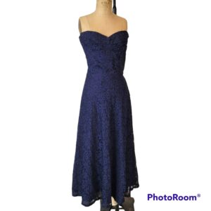 Vintage 1940S Strapless Navy Blue Lace Dress With Matching Jacket. Gored Swing Skirt. Glass Buttons. Small