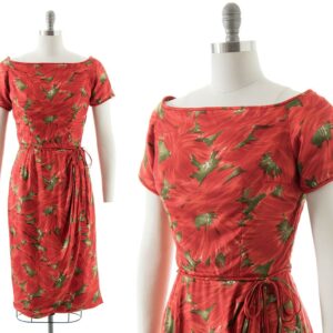 Vintage 1950S Cocktail Dress | 50S Silk Floral Printed Sarong Skirt Sheath Wiggle Party | Small