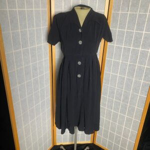 Vintage 1950's Black Crepe Pleated Skirt Dress With Glass Bubble Buttons, Size Small