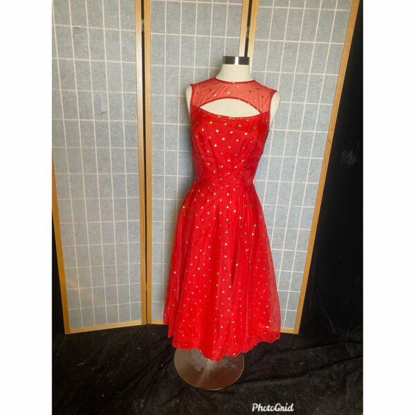 Vintage 1950's Red Bubble Skirt Party Dress With Gold Polka Dots, Size Small