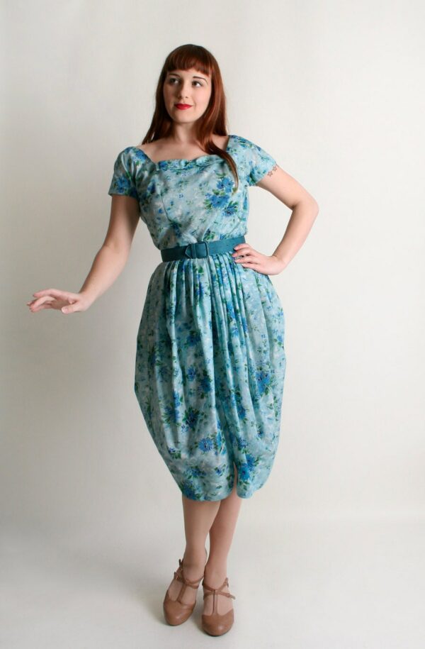 Vintage 1960S Dress - Aquamarine Bubble Petal Skirt Floral Small Xs