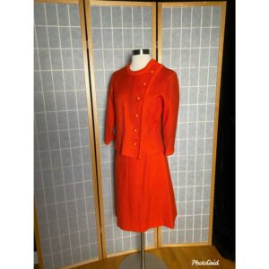 Vintage 1960's Orange Knit Mod Skirt Suit With Bubble Buttons, Size Small