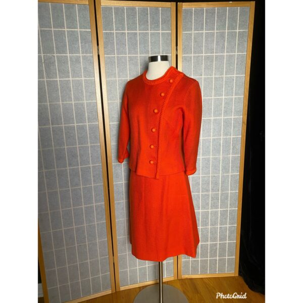 Vintage 1960's Orange Knit Mod Skirt Suit With Bubble Buttons, Size Small