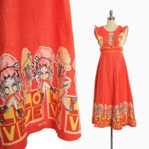 Vintage 1970S Orange Holly Hobbie Love Pinafore Maxi Dress