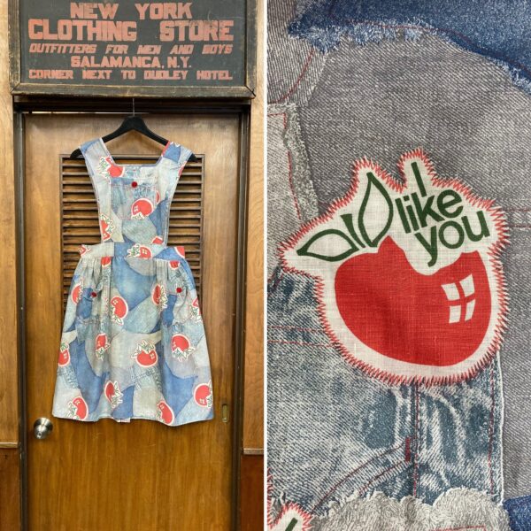 Vintage 1970's "I Like You" Pop Art Cartoon Apple Mod Pinafore Dress, Novelty Print, 1970S, Style, Patchwork