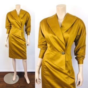 Vintage 1980S Asymmetrical Dark Gold Batwing Sleeve/High Waisted Skirt Dress Suit