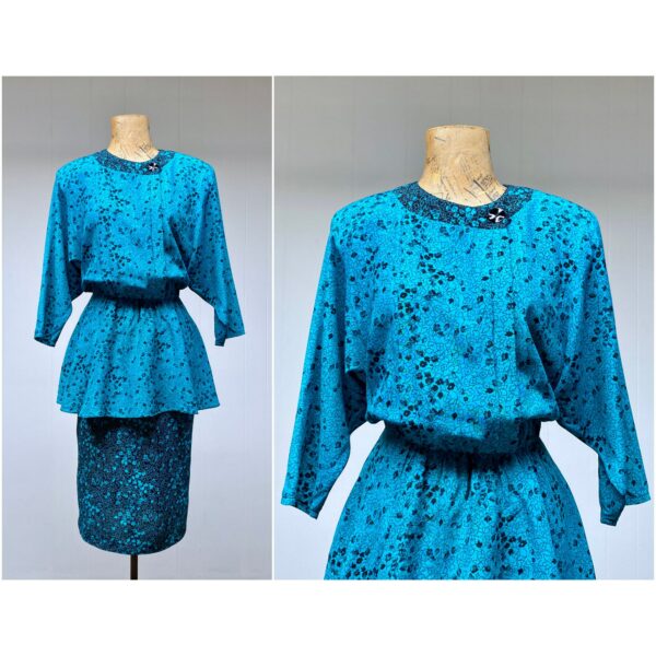 Vintage 1980S Does 1940S Peplum Dress, Turquoise/Black Floral Rayon Dress W/Batwing Sleeves & Pencil Skirt, Medium, Vfg