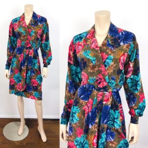 Vintage 1980S Floral Print Silk Sarong Skirt Secretary Dress