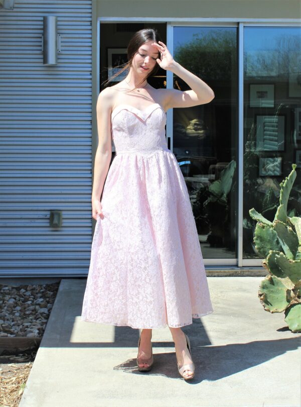 Vintage 1980S Gunne Sax By Jessica Mcclintock Strapless Cocktail Dress, Pale Pink Lace, Satin Trim, Ankle Length, Size 7/Small