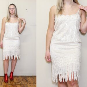 Vintage 60S 70S Light Peach Pink Heavily Beaded Sequin Fringe Flapper Dropwaist Evening Cocktail Disco Glam Party Dress M