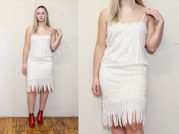 Vintage 60S 70S Light Peach Pink Heavily Beaded Sequin Fringe Flapper Dropwaist Evening Cocktail Disco Glam Party Dress M